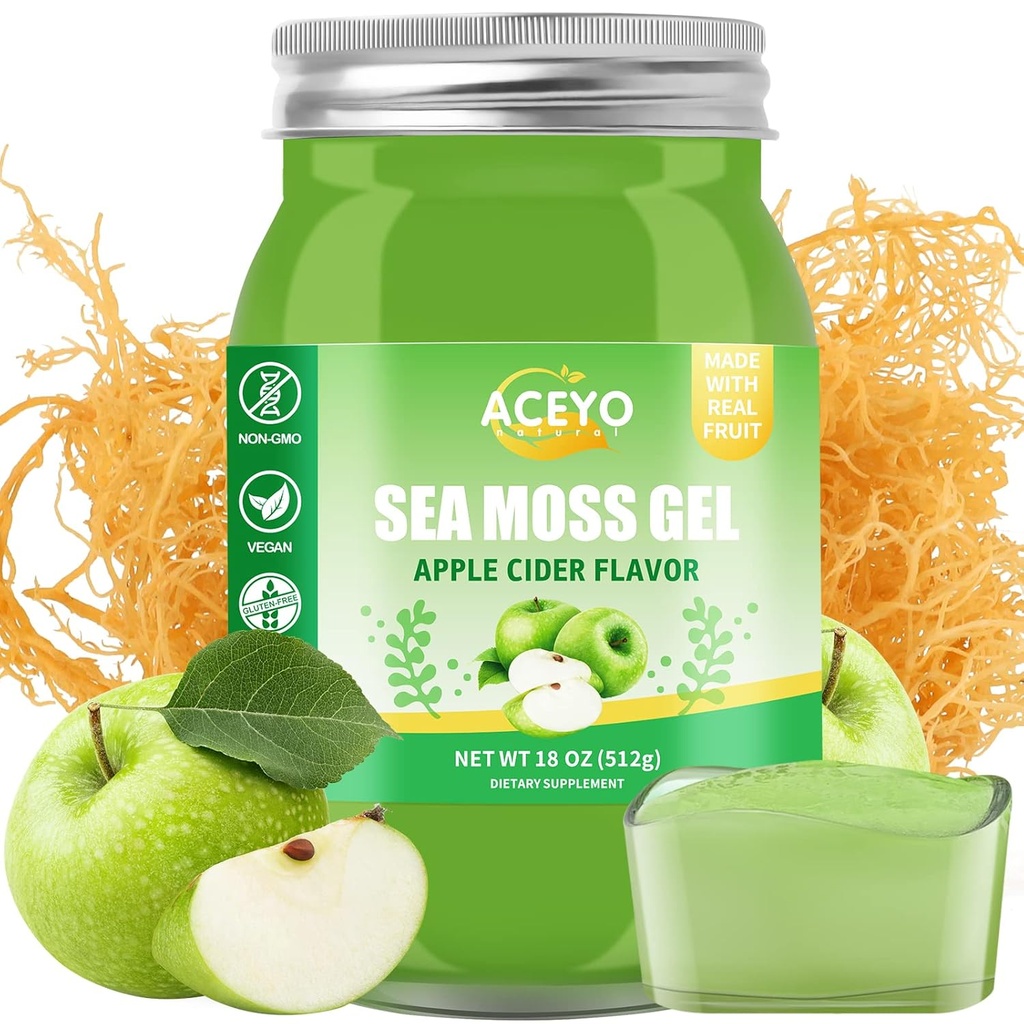(18 OZ) Irish Moss Gel Organic Raw Vegan Apple Flavor 102 Vitamin dan Minemins Wild Harowed None -GMO Ammune Defense Booster Thyroid Digetsy Support