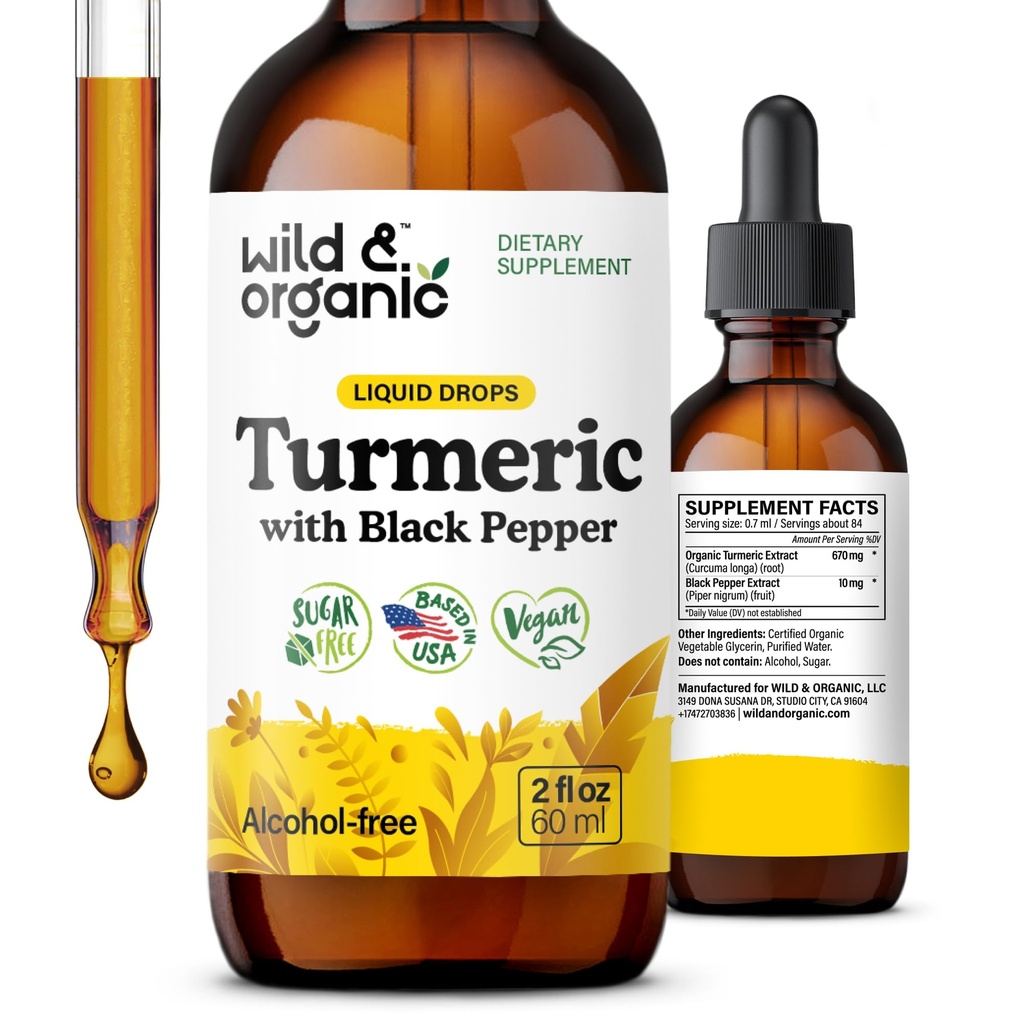 Liquid Suplemen Turmeric & Organik - Dukungan Bersama - Kurcumin Turmeric dengan Ekstrak Pepper Hitam - Kurcumin Root Drops - Vegan, Gula & Alcohol- Free Ticture - 2 fl oz