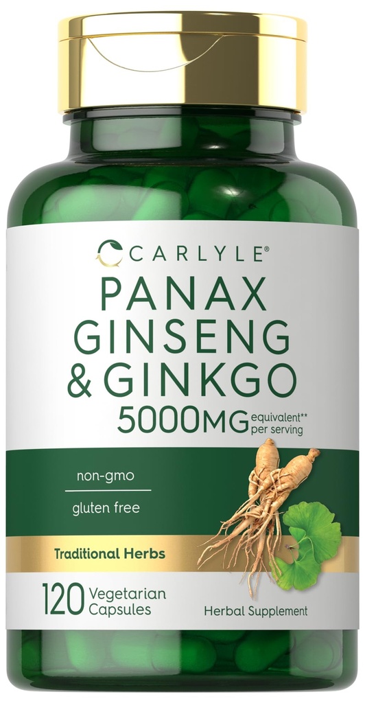 Carlyle Panax Ginseng & Ginkgo 5000mg 124; 120 Vegetarian Capsules 126; Non- GMO & Gluten Free Suplemen