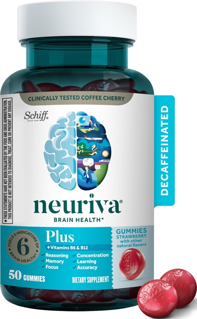 Suplemen NeURIVA Plus Otak untuk Memori, Fokus & Konsentrasi + Kognitif Fungsi dengan Vitamin B6 & B12 dan Secara klinis Diuji Nootropics Pemotongan dan Neurofactor, 50ct Strawberry Gummies