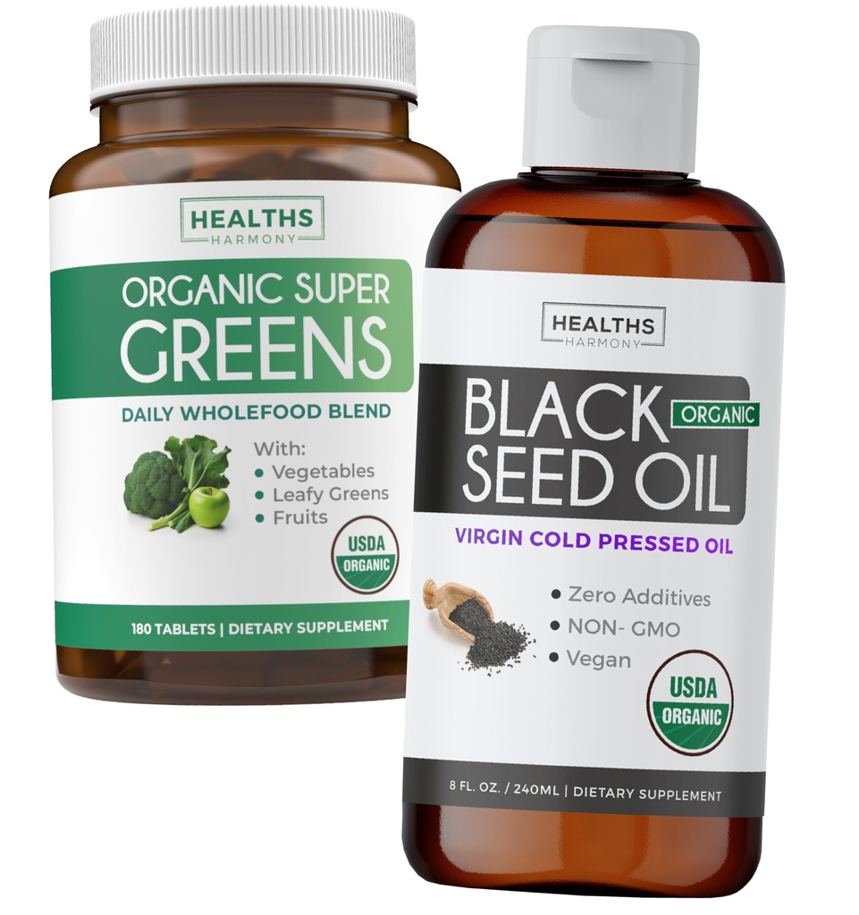 Super Greens & Black Seed Oil (3- Month Suply) Herbal Oil Blend Bundle of Organic Super Greends Powder - Complete Superfood (180 Capsules) & Organic Blood Oil Liquid - Cold pressed (8 fl oz)