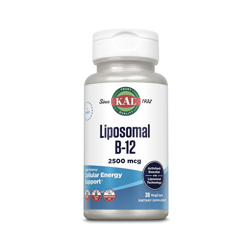 KAL Lipomal Vitamin B12 2500 mcg, Asorpsi Tinggi, Teknologi Lipomal, Dukungan Energi Sel, Vegan Capsules, Gluten Bebas, Dibuat Tanpa Soy, 30 Servis