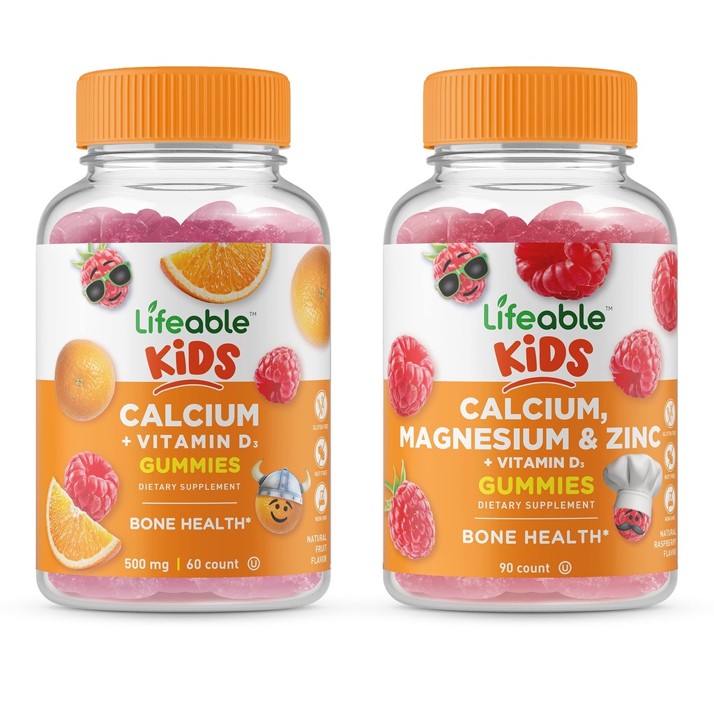 Lifeable Calcium dengan Vitamin D Kids + Calcium Magnesium & Zinc Kids, Gummies Bundle - Tasting, Persediaan Vitamin, Gluten Bebas, GMO Bebas, Gummy Tertipu