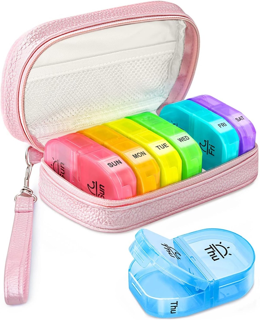 Penyelenggara Pil Pill Lucu 2 kali sehari, Kasus Pil Kulit PU untuk Perempuan, Portable Weekly Pill Box untuk Purse dengan Tas Penyimpanan untuk Menahan Vitamin, Kesehatan, Ikan Oils, Suplemen (Pink)