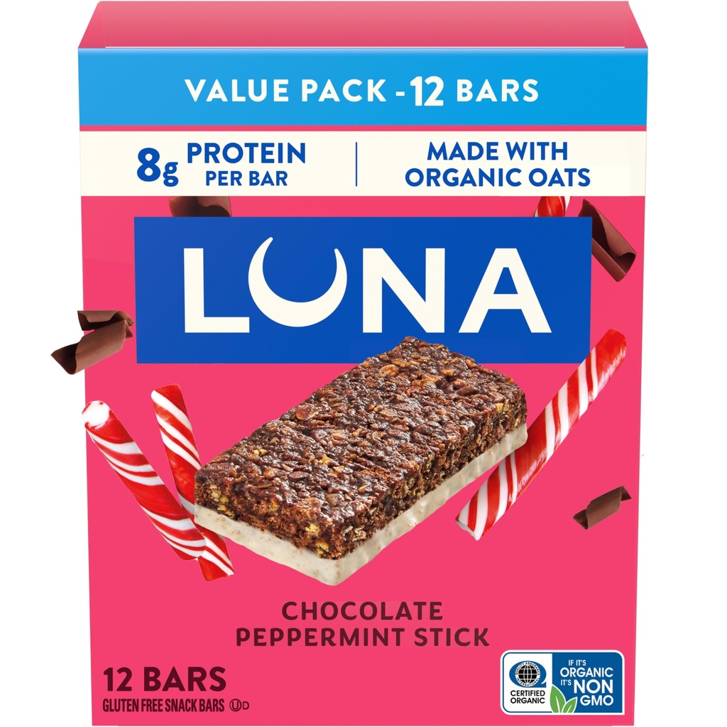 LUNA Bar - Chocolate Peppermint Stick Flavor - Snack Bars - Non- GMO - Gluten- Free Protein Bars - Made with Organic Oats (12 Pack)