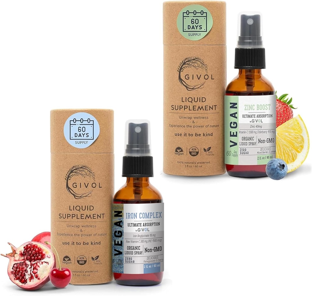 Tambahan Besi - 18mg Bisglycinate Kompleks dengan Vitamin C & B12 for Energy & Immunity Boost and Organic ZINC Mist 40mg (Ekstra Kekuatan) - Gula Bebas dengan VIT C dan Elderberry Ekstraksi