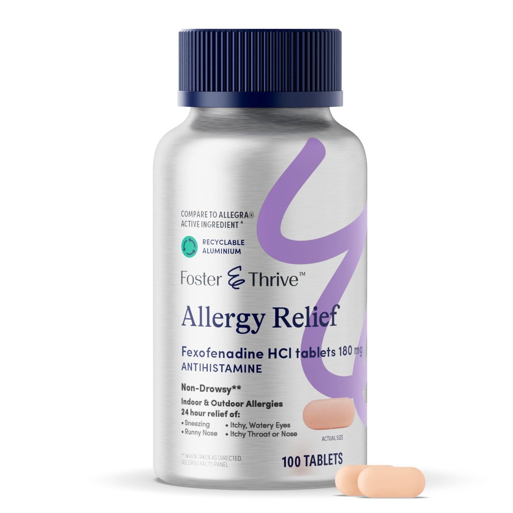 Foster & Thrive Fexenadine HCI Non Drowsy Allergy Relief untuk Hay Fever, Pollen, Mata gatal, dan Alergi Seasonal, Dukungan Efektif untuk Anak-anak dan Dewasa, 180 mg, 100 tablet