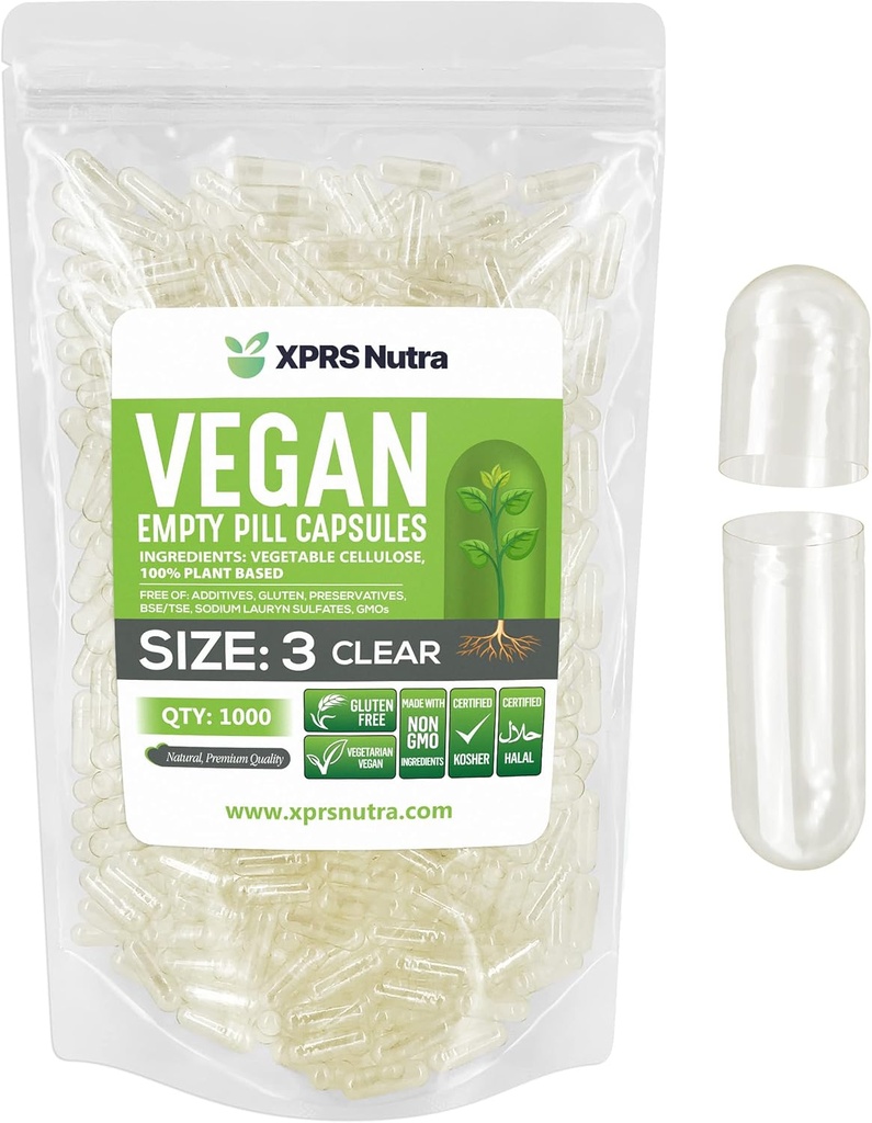 XPRS Nutra Ukuran 3 Kapsul Kosong - 1000 Cacah Katup Vegan Kosong - Colls Vegetarian - DIY Capsule Filling - Veggie Pill Caps