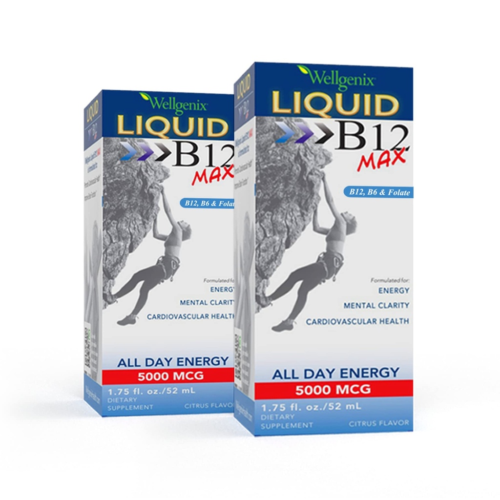 Wellgenix B12 Max Liquid - Vitamin B6, B12 & Folate- Tinggi Absorpsi - Kesehatan Kardiovaskular, Mental Clarity, Energy Boost & Weight Los - 1.75oz, 2 Pack