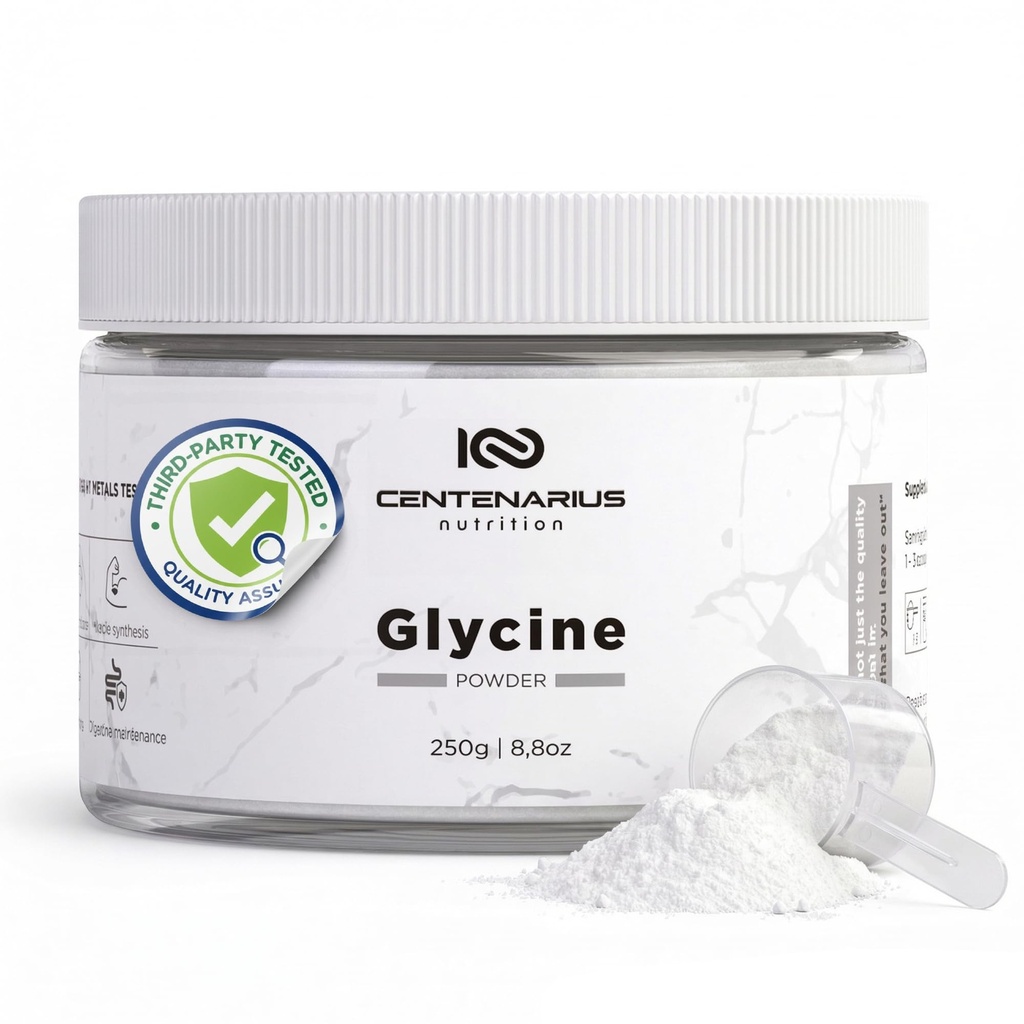 Glycine Powder 250g = 124; Non- Escid Amino Acids Suplement for Post Workout Muscle Recovery, Dibubble, Sleep Aid + More - Vegan, Desive- Free, Third- Party Tested 124; Centenarius Nutrition