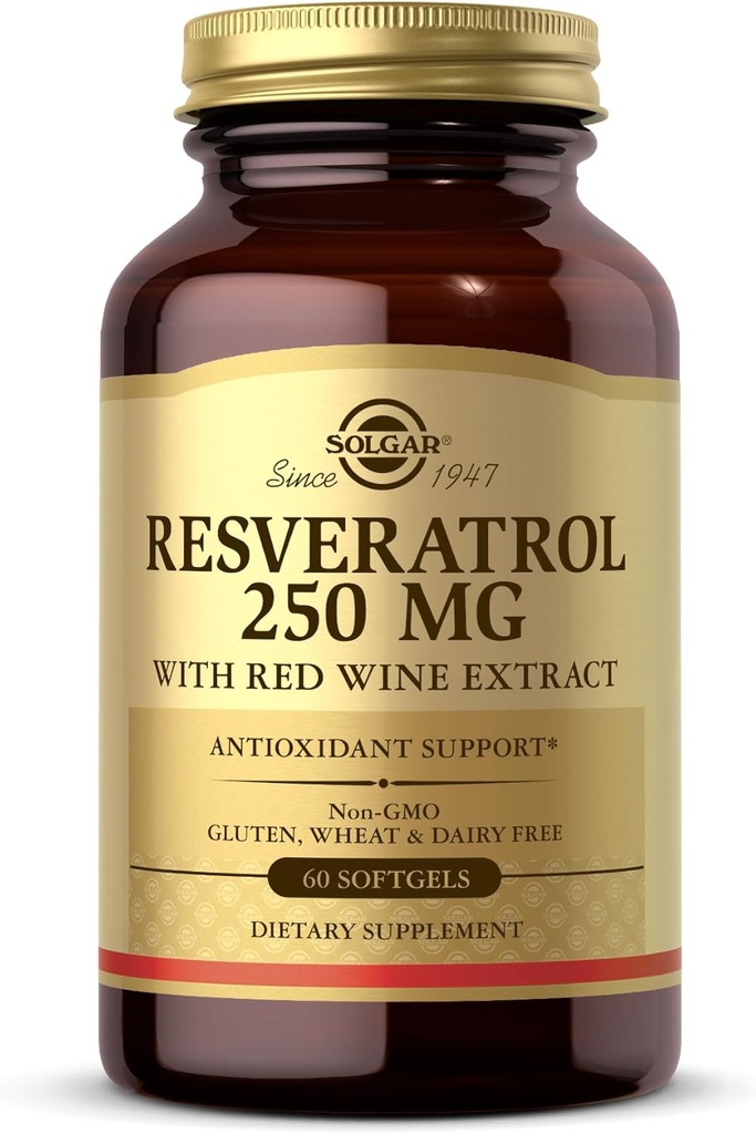 Solgar Resveratrol 250 mg dengan Red Wine Extract - 60 Softgels - Antioksidant Dukung - Non-GMO, Gluten Free, Dairy Free - 60 Servings