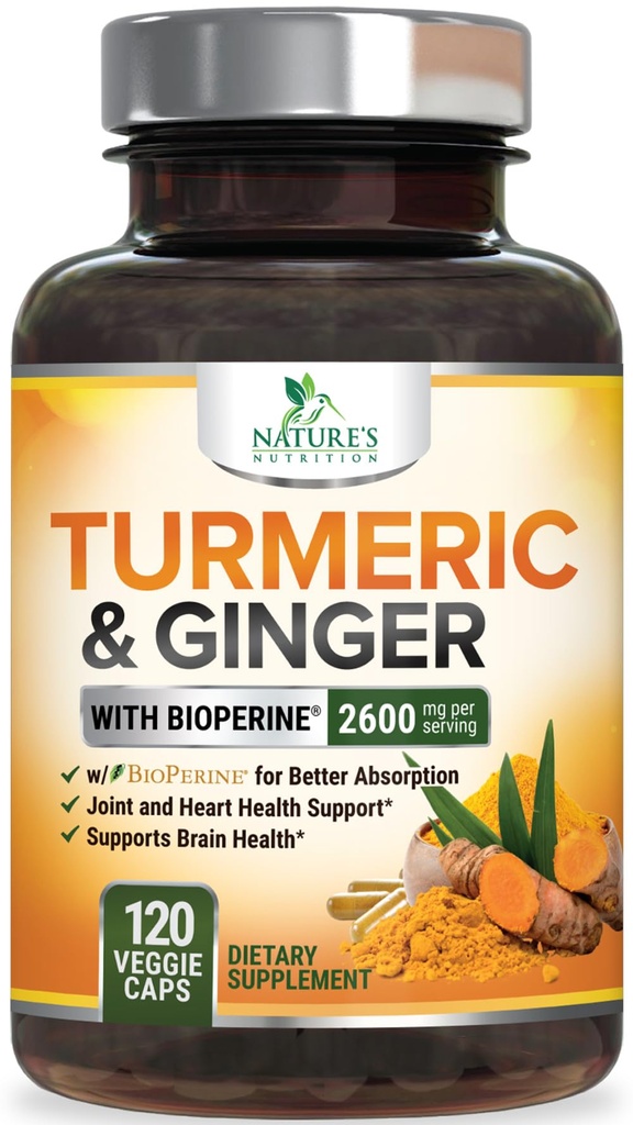 Turmeric Curcumin Supplemen 2600mg - dengan Organic Ginger & Turmeric, BioPerine Black Pepper Extract 95% Curcuminoid - Advanced Absorpsi Bersama & Antioksidant Ekstra Dukungan - 120 Kapsul