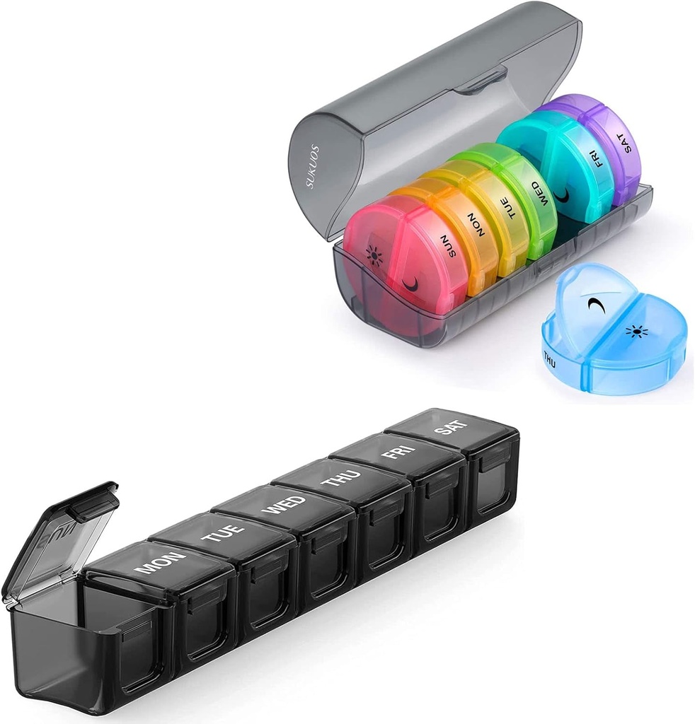 Sukuos 2 Pack Weekly Pill Organizer, Daily Box 7 Day Pill Cases for Vitamin, Fish Oils or Suplemen