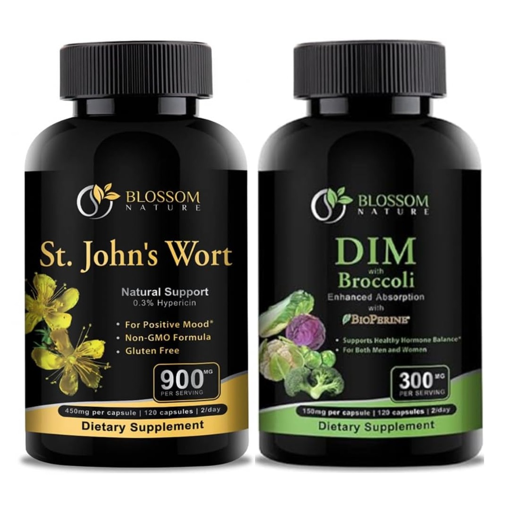 St Johns Welt 900mg- Mood Dukungan - Pendukung Tenang. Tambahan DIM 300mg dengan Brokoli 200mg BioPerine 10mg - Hormone dan Estrogen keseimbangan untuk Perempuan & Men.120 Katup Vegetable (2 BULAN SUPPLY)