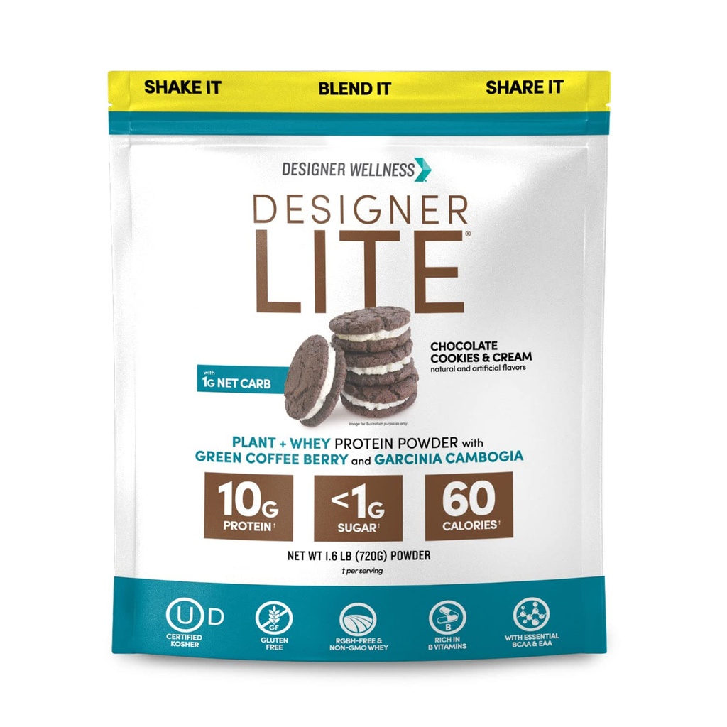 Designer Wellness, Designer Lite, Low Calorie Natural Protein, Prebiotic Fiber, Key Vitamin & Minemins, Chocolate Cookies & Cream, 25.6 Ounces