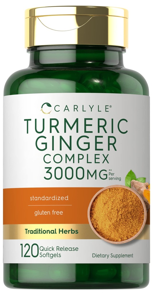Carlyle Turmeric dan Ginger Suplement 3000 mg 124; 120 Softgel Capsules 12.4; Turmeric Curcumin Complex 12.4; dengan Black Pepper Extract 124; Non-GMO, Gluten Free