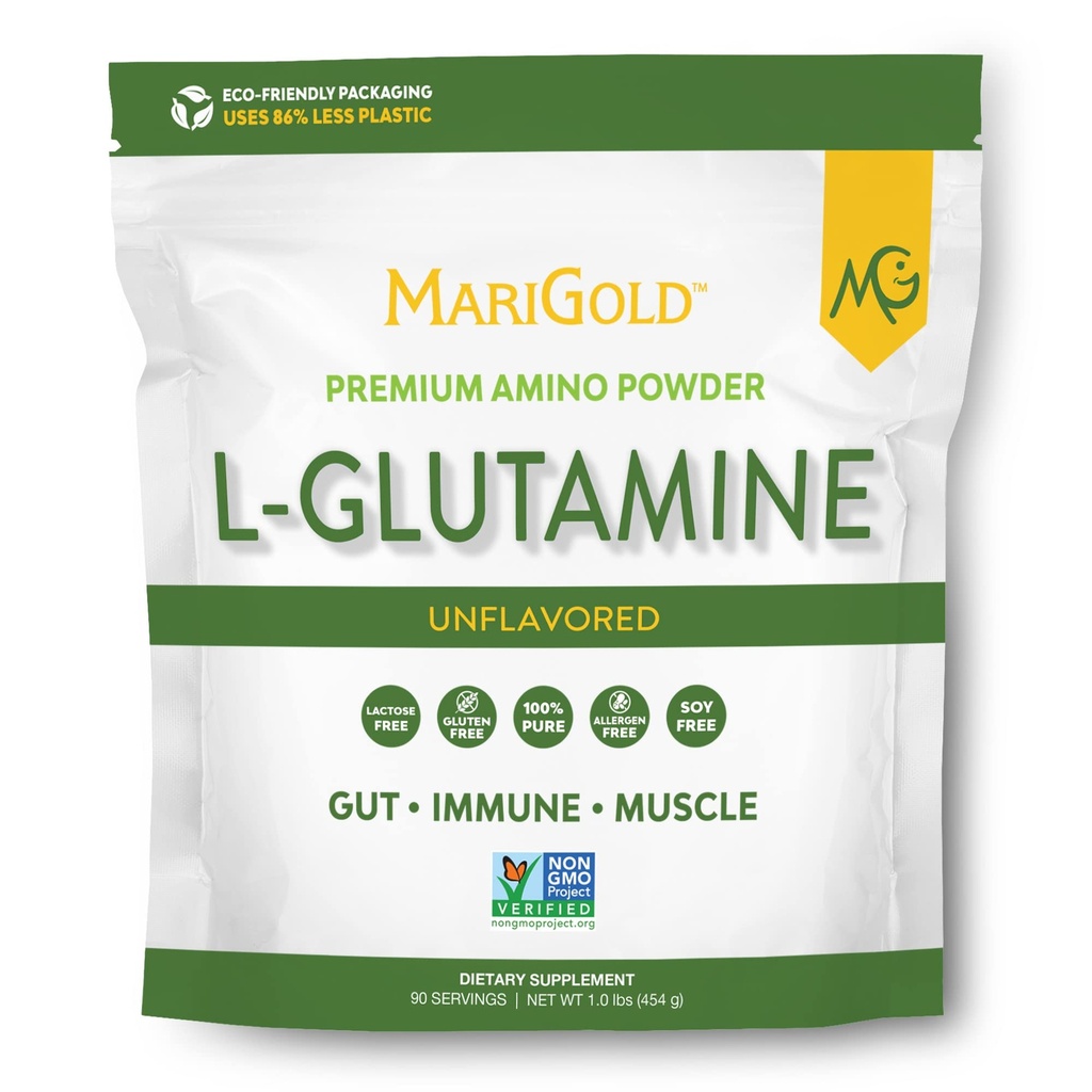 MariGold Pure Unflashored L- Glutamine Powder - Healthy Gut, Imune, and Muscle Dull, Non-GMO, Gluten Free, Soy & Allergen Free (5g / 5000mg per Serving)