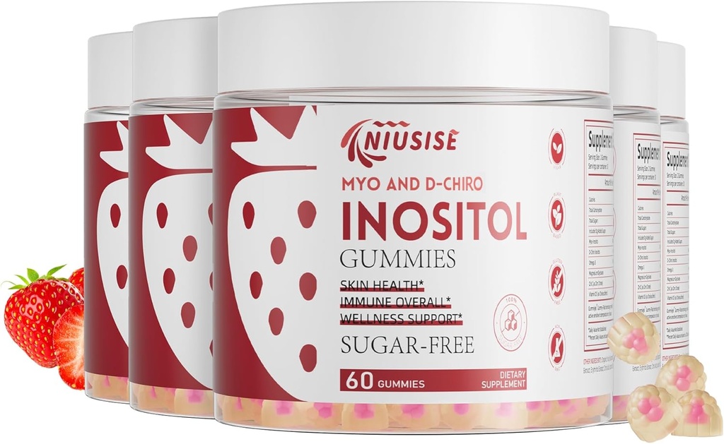 Inositol Gummies, Inositol Suplemen dengan Myo- Inositol & D- Chiro Inositol + Vitamin D3, Ideal 40: 1 Rasio, dengan Magnesium Glycinate 400mg, Tambahan Siklus Reguler untuk Perempuan, Vegan, 5 Pack