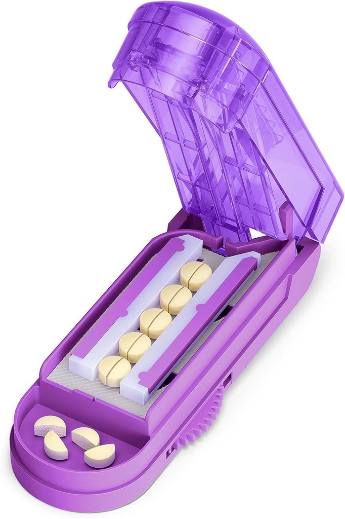 One PIX Pill Cutter Splitter for Small and Tiny Pills, Multiple Pills Cutting at a Time in Half with Hidden Sharp Stainless Steel Blade, Purple