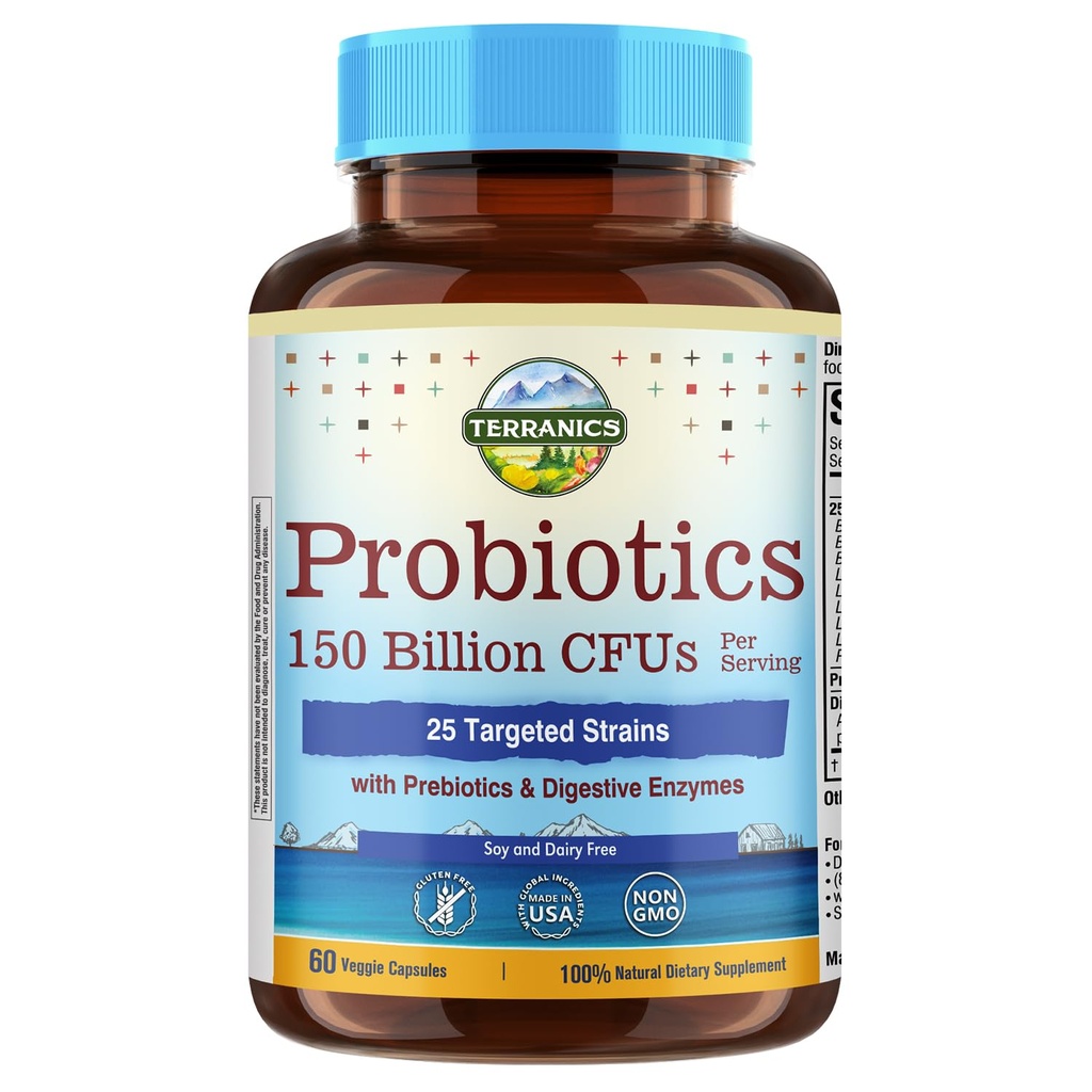 Terranics Daily Progities for Men & Women, 150 Million 25 Strains Colon Care Progrance, with Preetic & Enzymes, Healthy Regularitas, Delayed Rilis, Shelf Stable, 60 veggie Caps