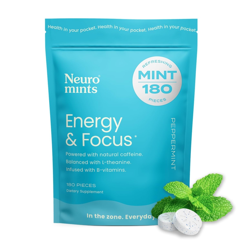 Mints Kafein Energi NeuroGum (180 Potongan) - Gula Bebas dengan L-theanine + Natural Caffein B12 & B6 - Nootropic Energy & Focus Suplemen & Men - Keto & Vegan, Peppermint Flavor