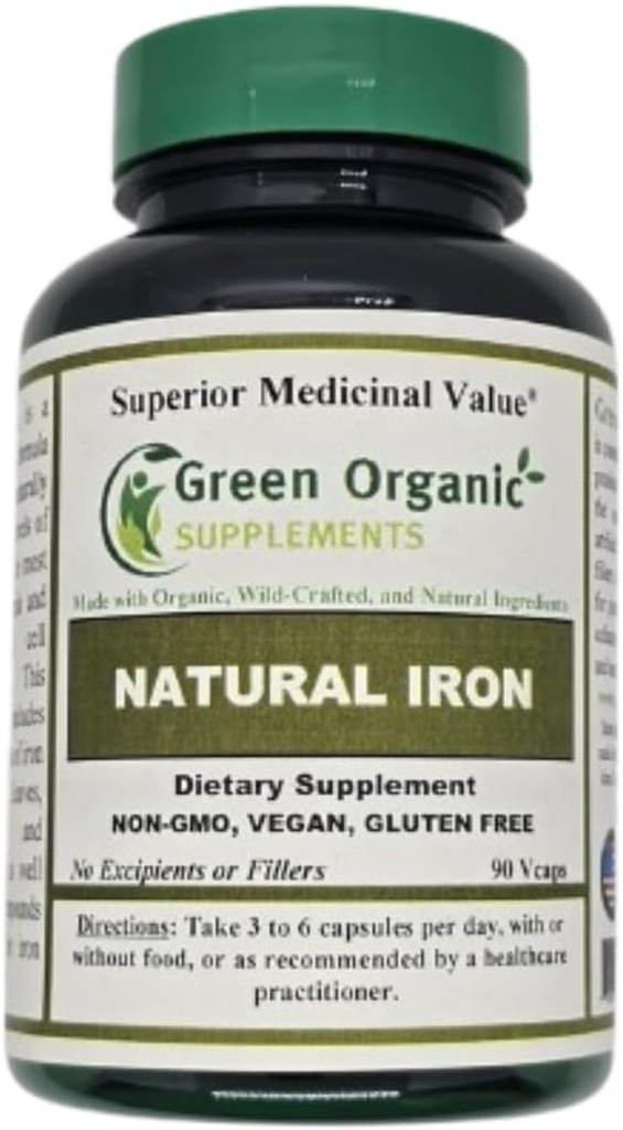 (Pack of 1) Green Organic Suplemen 'Besi, 2000mg Kapak Besi Organik, 90, Tangan Dibuat, Vegan, Non-GMO, & Gluten Free Natural Iron Kapsul