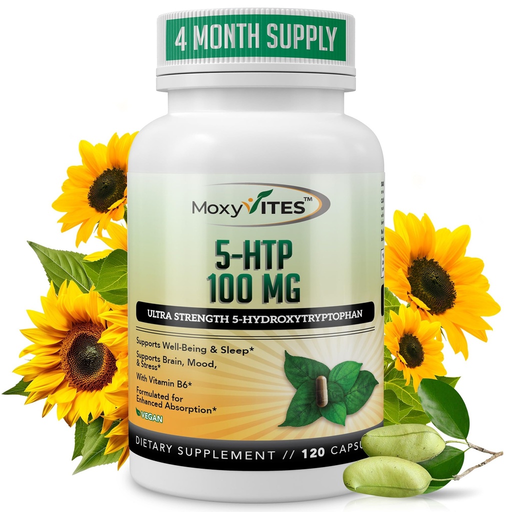 Tambahan 5HTP 100mg MoxyVites, Plus B6, 5 HTP Whole Food - Best Serotonin Booster - Non-GMO, 120 Vegan Capsules