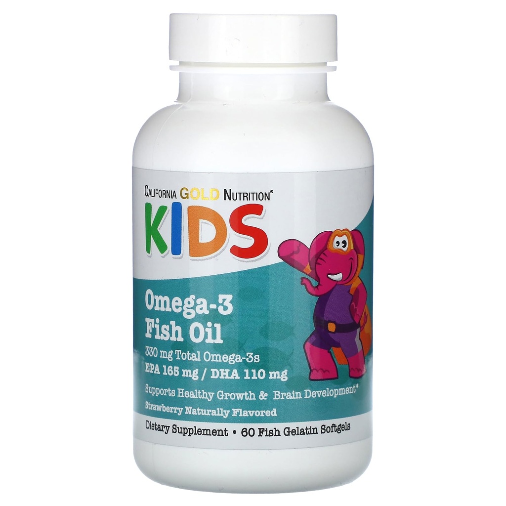 California Gold Nutrition Kid 's Omega- 3 Fish Oil, Natural Strawberry, 60 Fish Gelatin Softgels