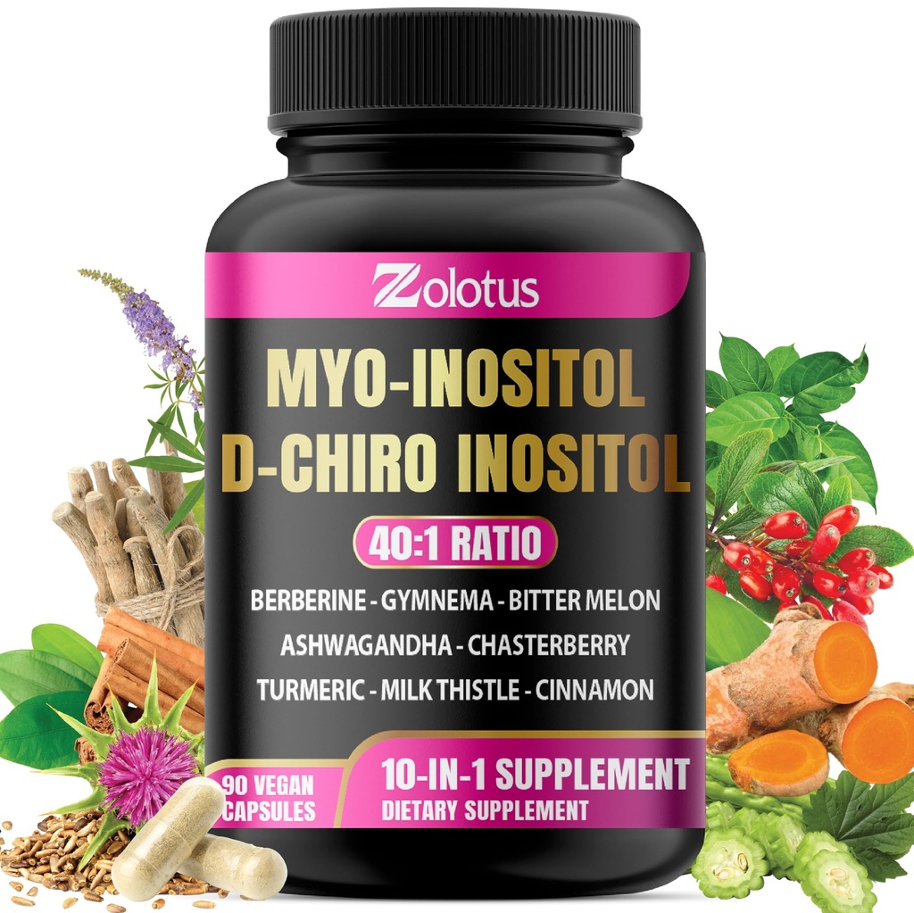 Zolotus Myo- Inositol & D-Chiro Inositol Ideal Rasio Inositol Suplemen Bitter Melon, Milk Thistle, Turmeric, Gymnema, Chasteberry, Ceylon Cinnamon, Ashwagandha, Berberine - 90 Capsules