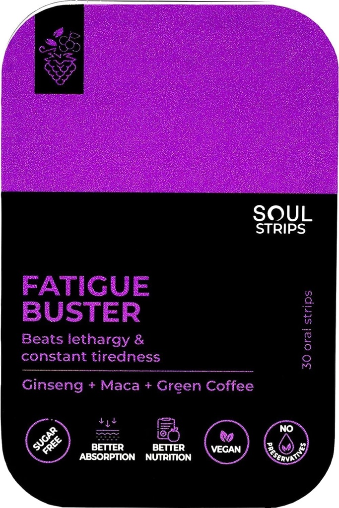 Soul Strips Fatigue Buster Ginseng, Maca, Green Coffee, Reduces Mental & Fisik Fatigue, Mixed Berries Flavor, Quick Absorb, Daily Use, Zero Sugar, Vegan, 30 Strips Pack