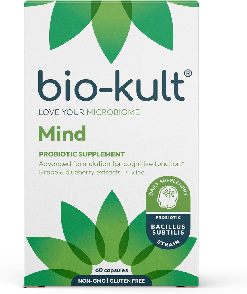 Bio- Kelt Mind 124; Bacillus + Zinc, Grape & Blueberry Ekstraksi £124; Brain & Gut Dukungan Fungsi Kognitif 124; 60 Capsules
