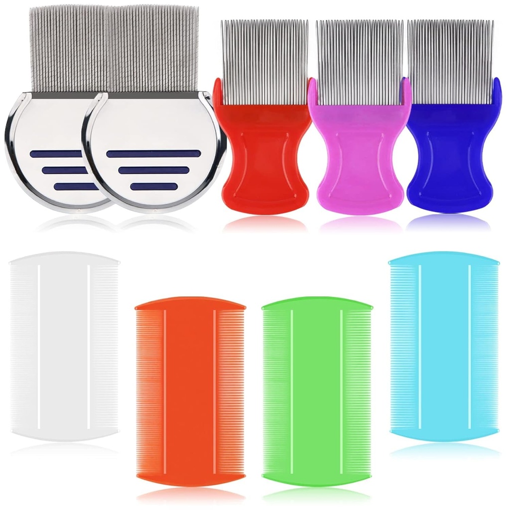 LABOTA 9 Pcs Lice Combs, Flea Combs, Hair Comb Double Sided Fine Tooth Combs, Removal Dandruff Comb dengan Teeth Metal, Stainless Steel Louse dan Nit Comb for Head Lice Treatment