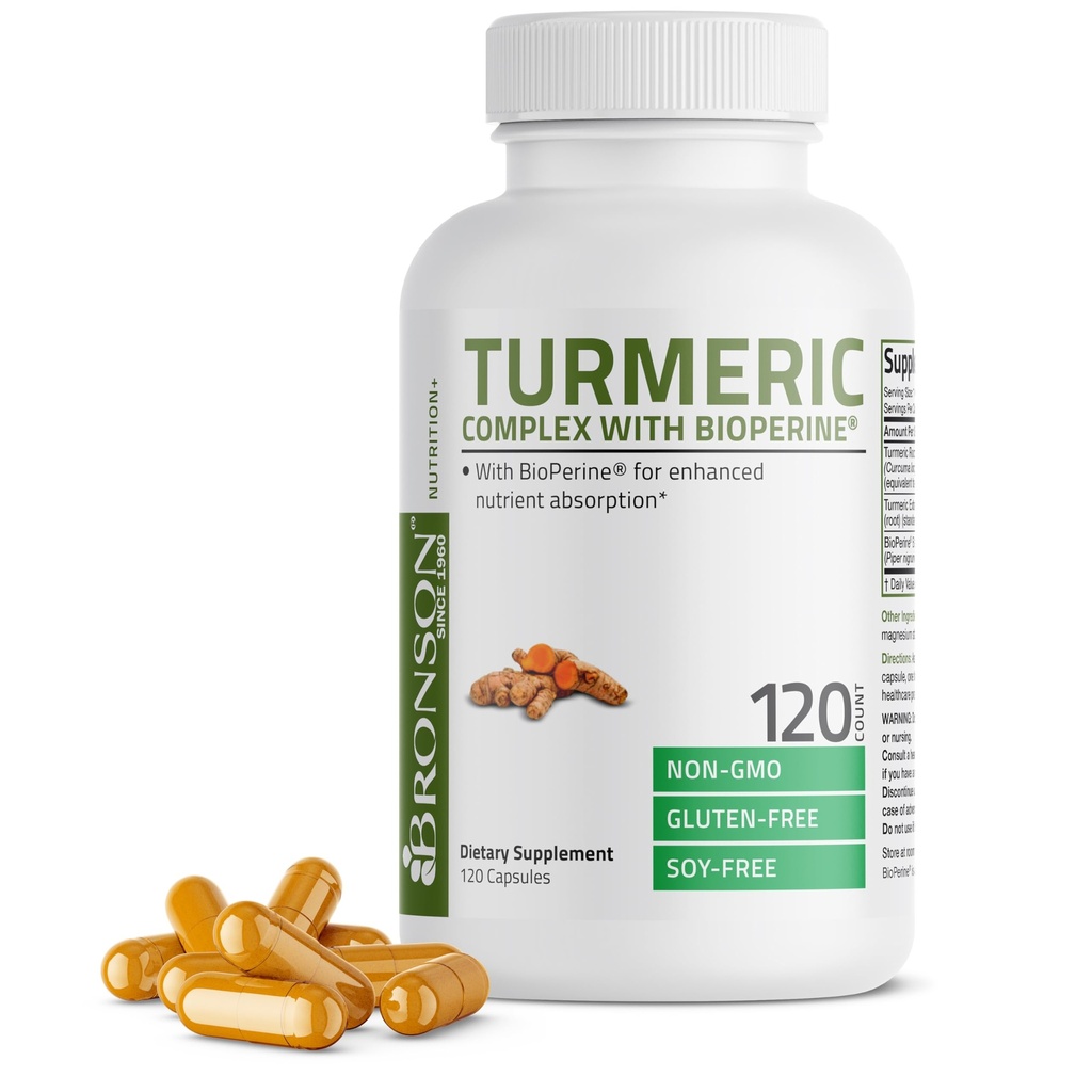 Bronson Turmeric Curcumin dengan BioPerine - Potency Premium Joint Support dengan 95% Standardisasi Curcuminoid - Non-GMO Capsules dengan Black Pepper - 120 Count