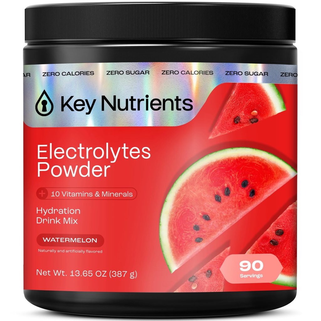 KEY NUTRIENTS Multivitamin Electrolytes Powder No Sugar for Recovery - Refreshing Watermelon Electrolite Powder - Powder Hidration - Tidak ada Kalori, Gluten Free Electrolytes Powder - 90