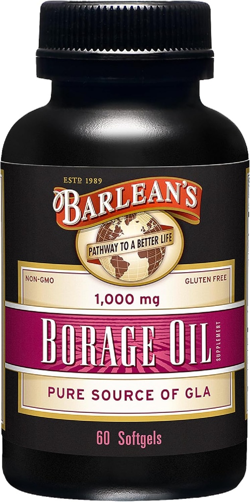 Barlean 's Borage Oil Suplemen, Cold Pressed Pure Borage Seed Oil Suffels untuk Pria dan Wanita, 1000 mg GLA Fatty Acids, 60 Count
