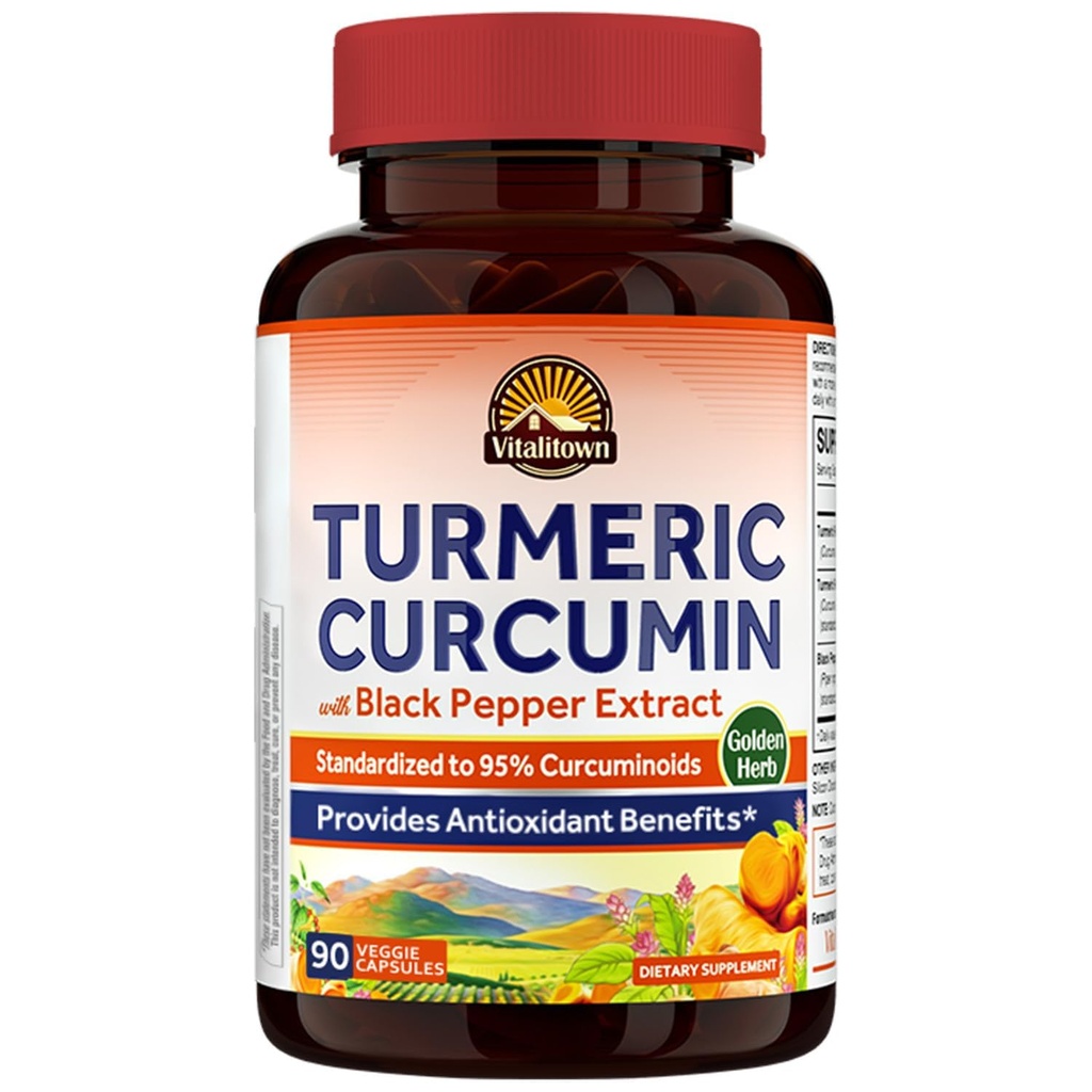 Vitalitown Turmeric Curcumin Root + Black Pepper, 1800MG, India Grown, 95% Standardisasi Curcuminoid, Ultra Potensi, 2000% Absorpsi, Tidak Lead atau Gluten, Vegan Dukungan, 90 ct