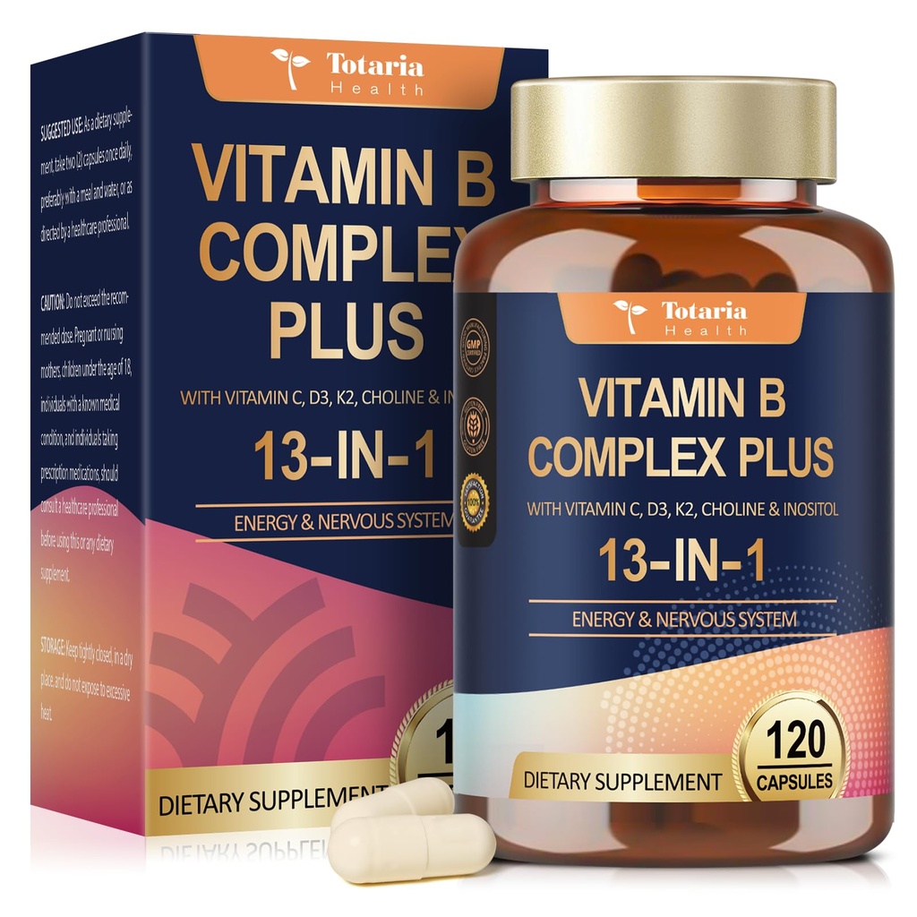 13-in- 1 Vitamin B Kompleks Plus dengan Vitamin B1, B2, B3 (Niacinamide), B4, B5, B6, B7 (B8 (Inosiol), B9 (FOLD), B12, C, D3, K2 - Energy, Nerve, Imune, Skin Dukung - 120 Degan Capsules