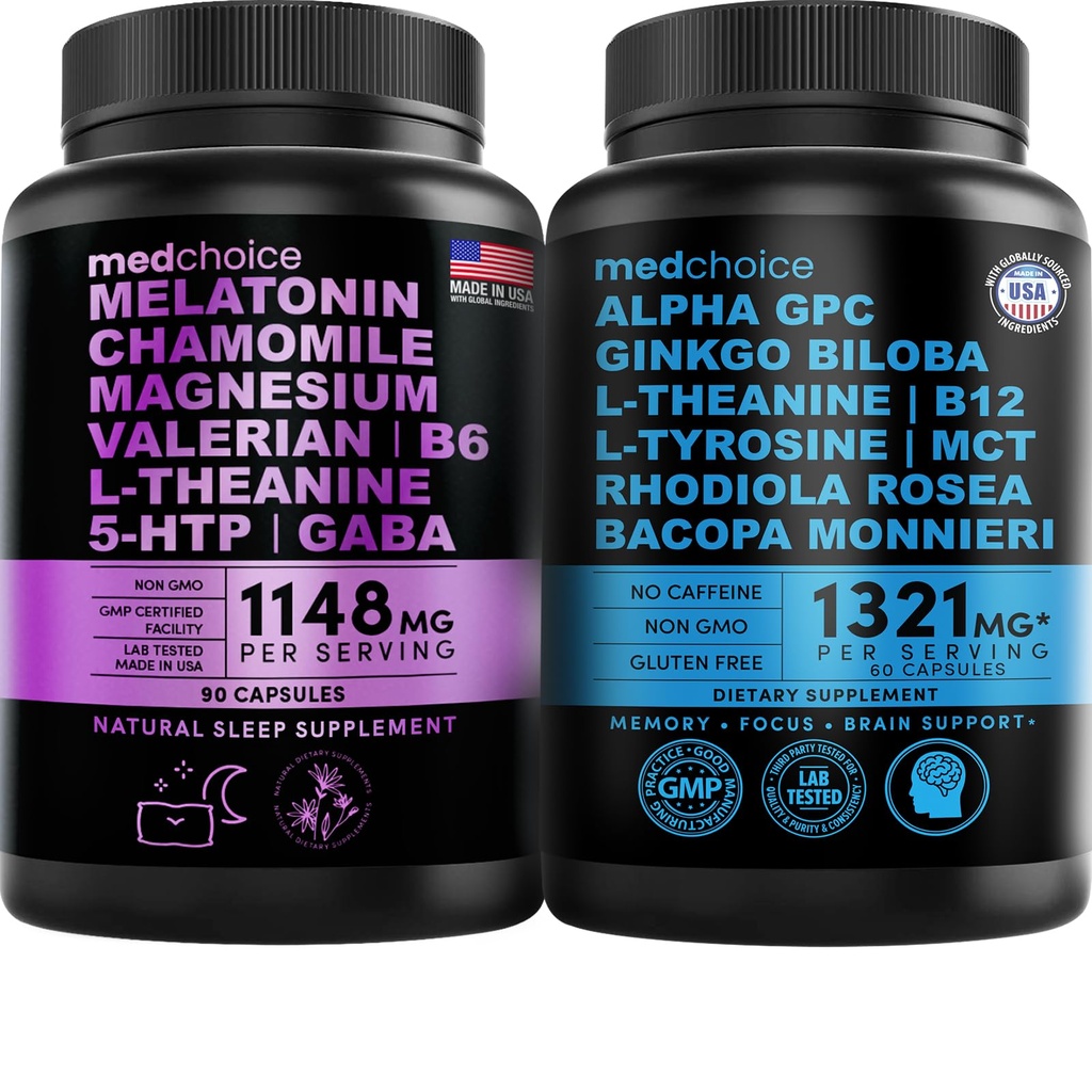 MEDCHOICE Sleep Melonatin (90ct) and Nootropic Brain (60ct) Suplement Bundle - Wellness Duo for Sleep, Brain, Focus, & Mood Support - Vegan, Non-GMO, Gluten- Free