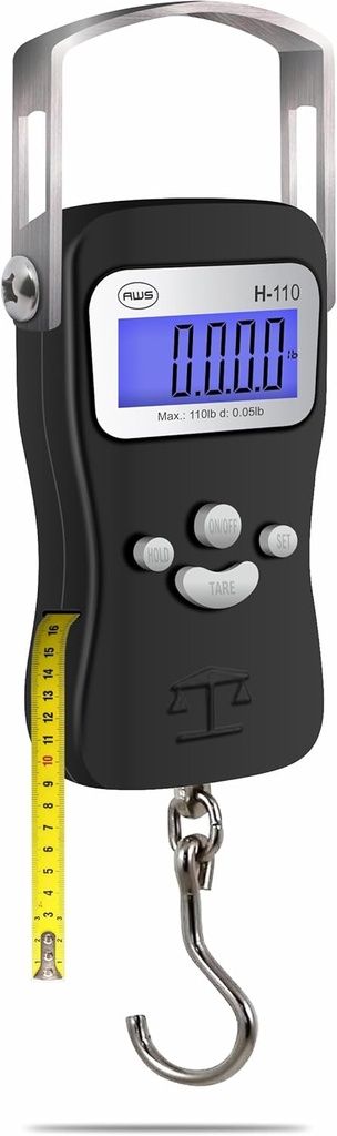 AWS Digital Lullation Scale, Fish Weighing Scale 110lb / 50kg - Die- Cast Metal Construction, Built- in Tape Measure, Hook & Handle - for Travel, Fishing, Argery, Hunting, Outdoor (Black)