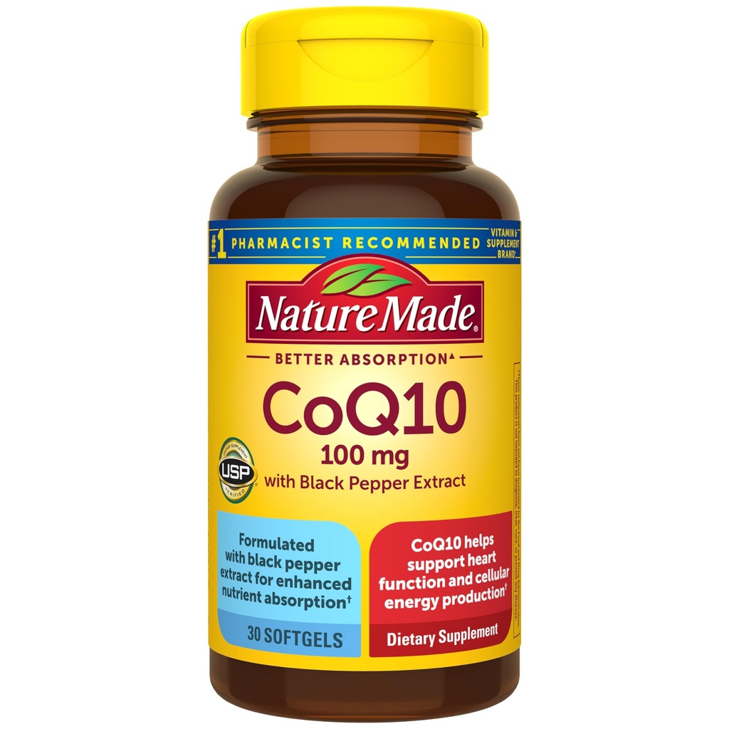 Nature made CoQ10 100mg with Black Pepper Extract for Enhanced Nutrient Absorpsi, Dietary CoQ10 Support for Heart Health, 30 Softgels, 30 Day Supply