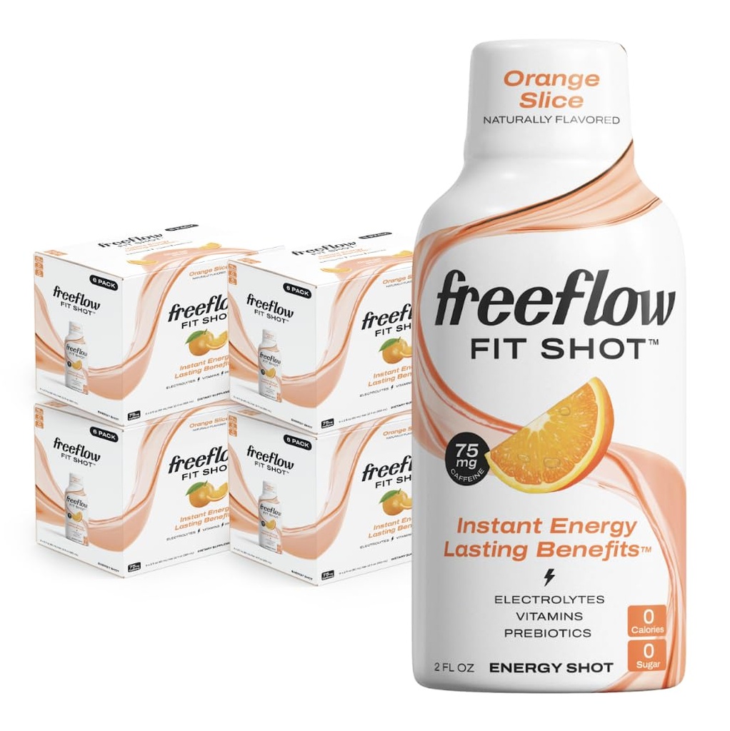 Freeflow Fit Energy Shots, Orange Slice, Natural Caffeine Boost with L-Theanine, Ginseng, Vitamin, Pregories, Electrolite (24 Count, 2oz Shots)