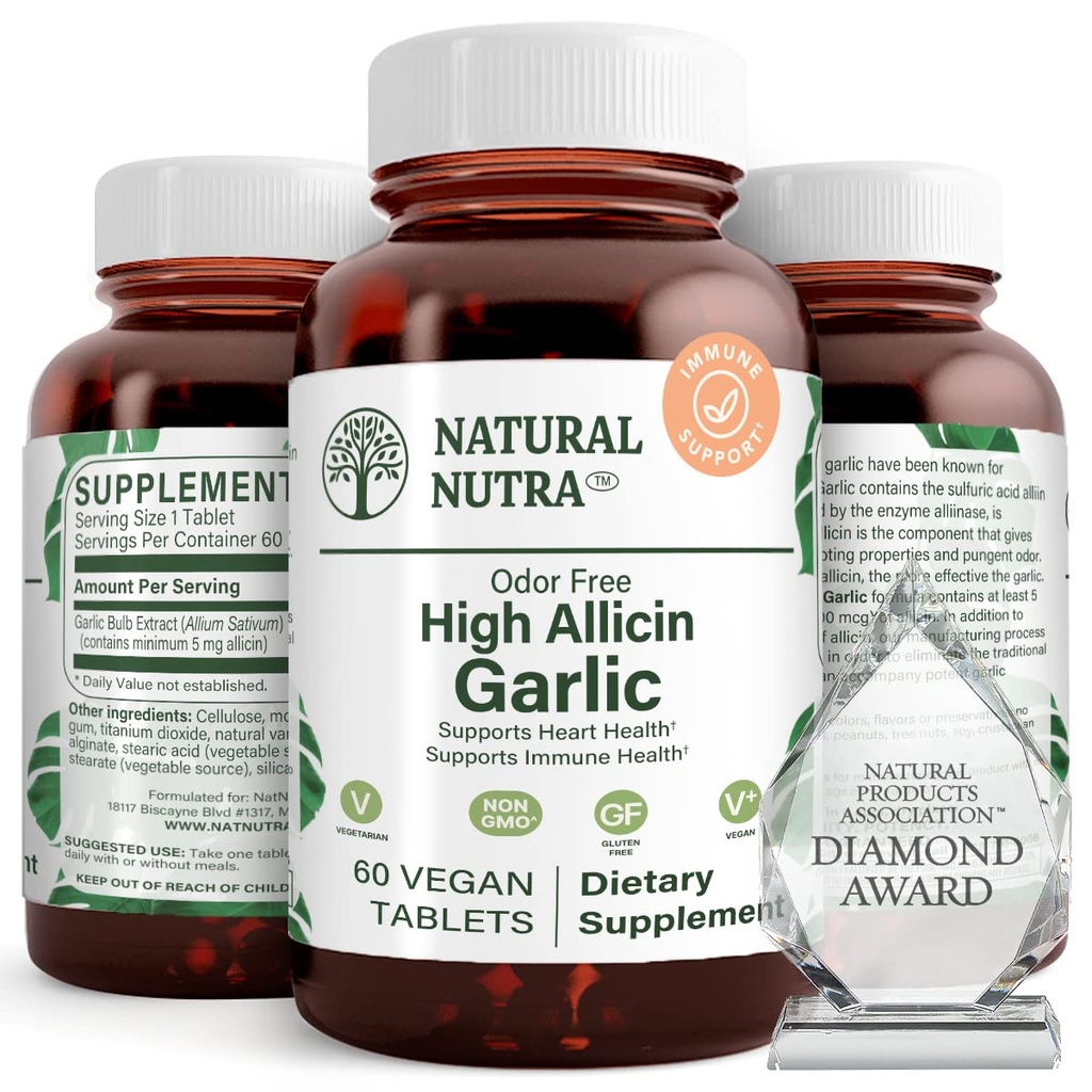 Suplemen Kapur Allin Tinggi Natural Nutra, Mendukung Sistem Imune, Improve Heart Health, Improve Enzymes Health, Better Ditrable, Fights Cold dan Flu, Vanilla Coating, 500mg, 60 Vegan Tablet