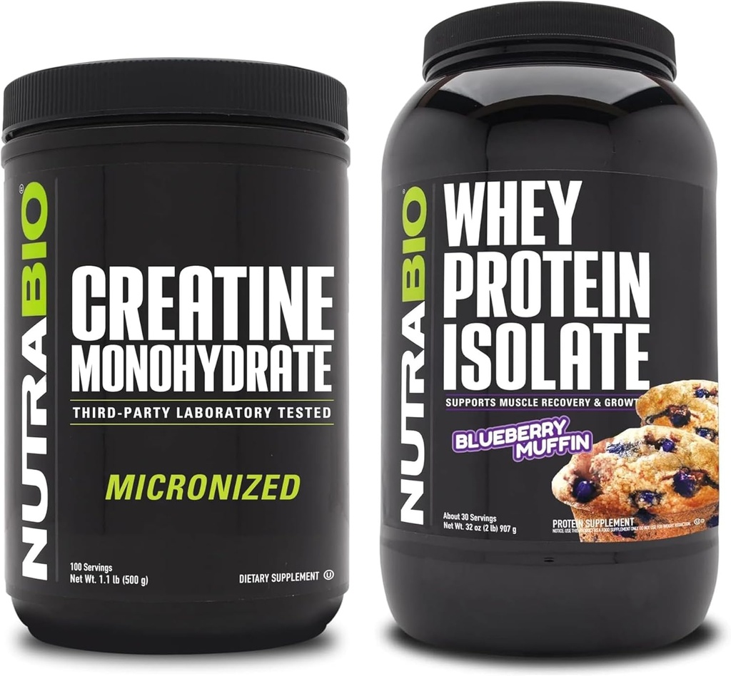 NuttraBio Creatine Monohydrate, Unhafeted, 500g dan Whey Protein Isolate, Blueberry Muffin, Tambahan Bundle - Muscle Energy, Lean Muscle Growth, Recovery, and Power