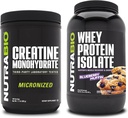 NuttraBio Creatine Monohydrate, Unhafeted, 500g dan Whey Protein Isolate, Blueberry Muffin, Tambahan Bundle - Muscle Energy, Lean Muscle Growth, Recovery, and Power