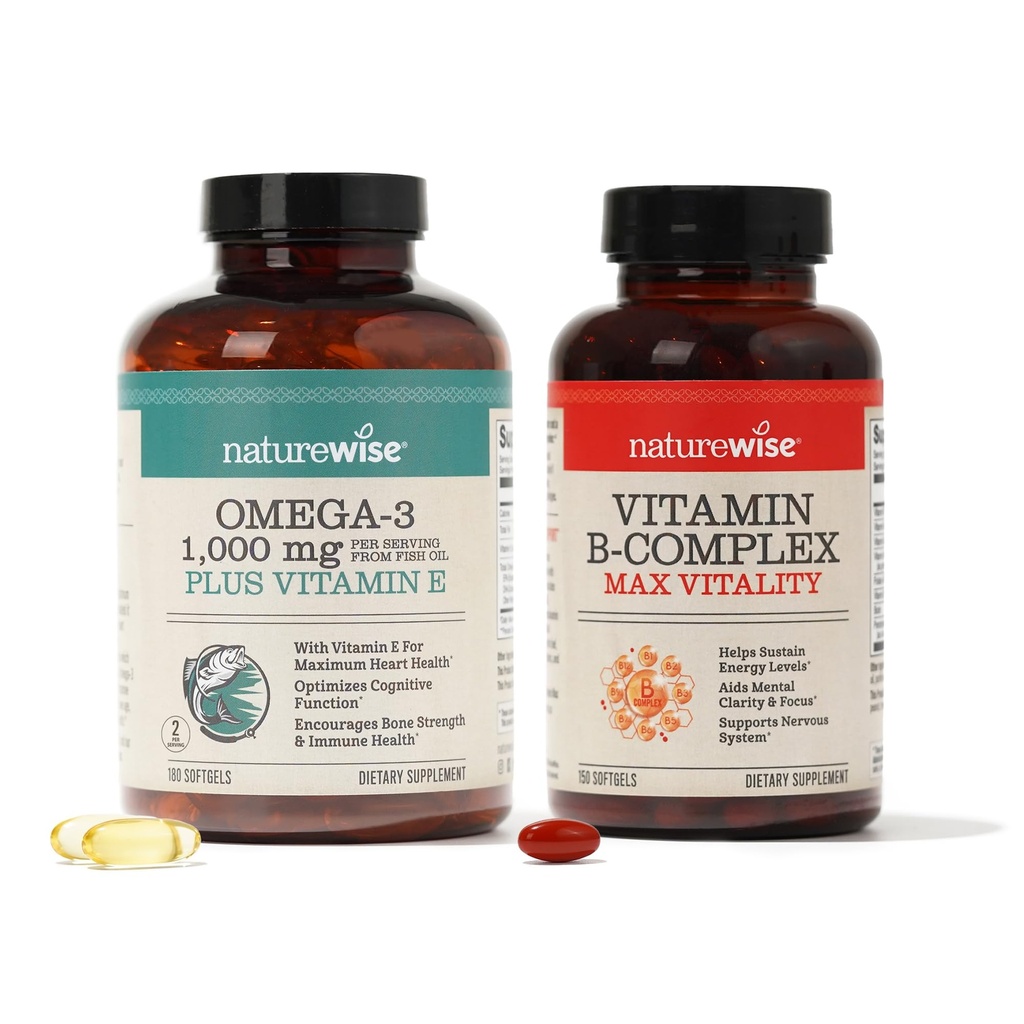 NatureWise 1000mg Omega 3 600mg EPA 400mg DHA with Vitamin E 180ct & Vitamin B Complex for Women 150 Softgels [5- Bulan Suppply]