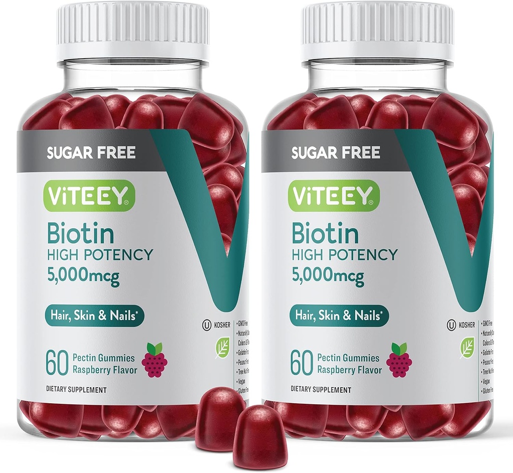 VITEY Biotin Gummies for Hair, Skin, and Nails 5000mcg - Sugar Free - Hair Growth Gummies, Heally Skin Glow, Strong Heally Nail Growth - Vegan, Gluten Free, Gelatin Free- Chewable Raspberry Flavor