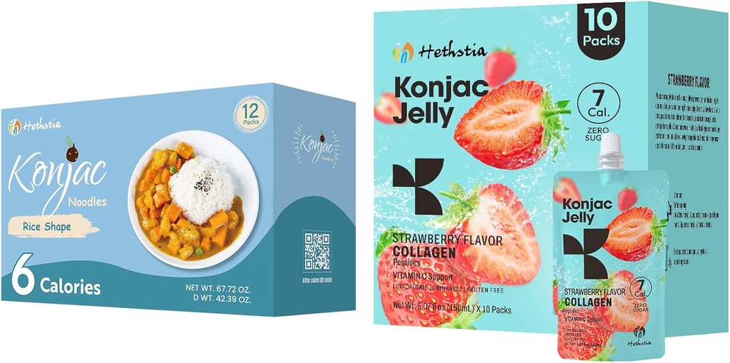Hethstia Konjac Jelly Strawberry Flavor dengan Collagen Peptides 10 Packs dan Konjac Rice Gluten Gratis 12 Paket Low Calorie, Keto, Sugar Free, Healthy Food