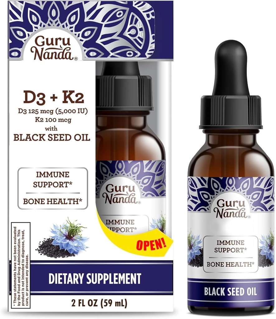 GuruNanda Wellness Bundle: Cair Ashwagandha dengan Babopa (1 Fl Oz) untuk Dukungan Fokus & Relaxation & Minyak Benih Hitam (2 Fl Oz) dengan Vitamin D3, K2 & E untuk Imune Boosting - Vegan & Non-GMO