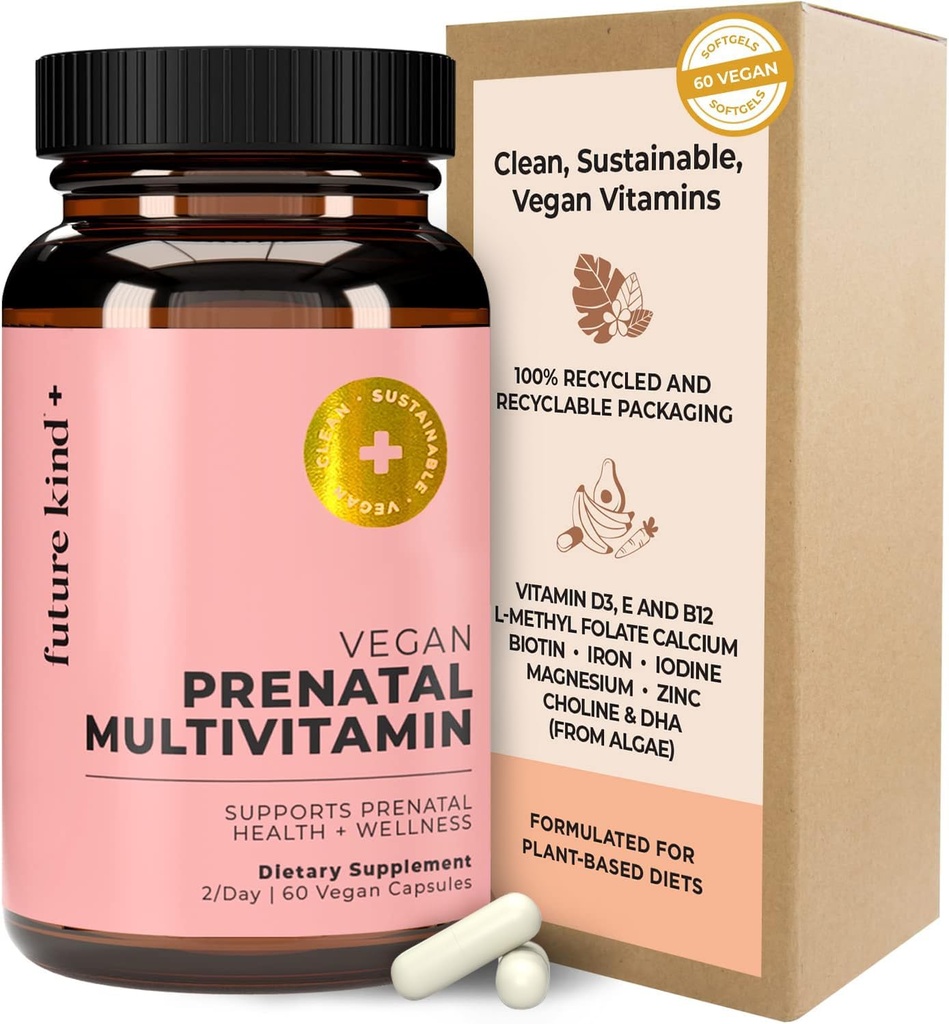 Vegan Jenis Masa Depan Prenatal Vitamin dengan DHA & L- Methylfolat di Glass Bottle - Prenatal Feloat untuk Perempuan dengan Vitamin D & E, Besi & Biotin - Gluten- Free, Non-GMO (60ct)