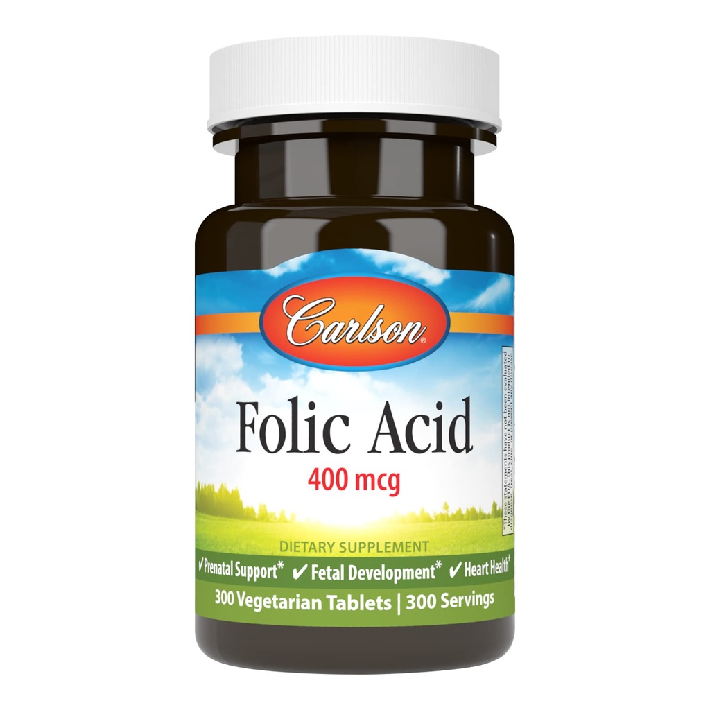 Carlson - Folic Acid, 400 mcg, Menyediakan Pendukung Prenatal Penting, Pengembangan Fetal, 300 Tablet